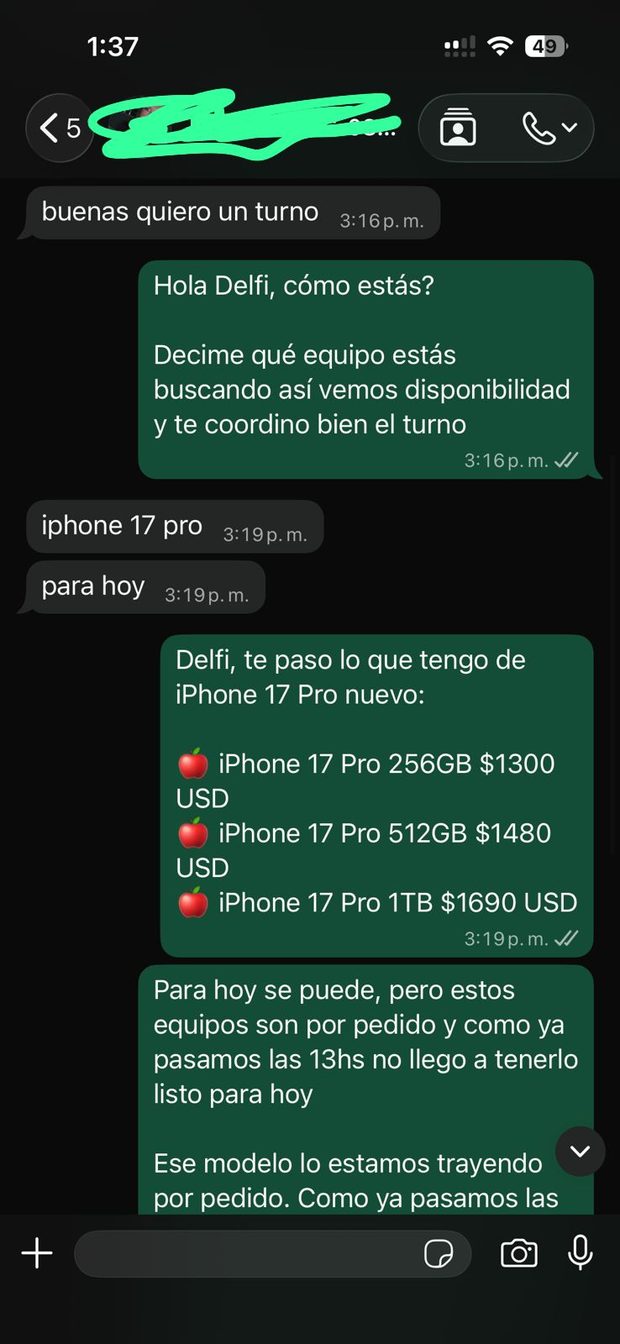 Conversación real: precios de iPhone 17 Pro y disponibilidad por pedido