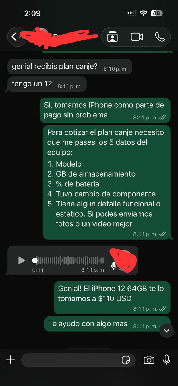 Conversación real: plan canje con nota de voz y toma de iPhone 12