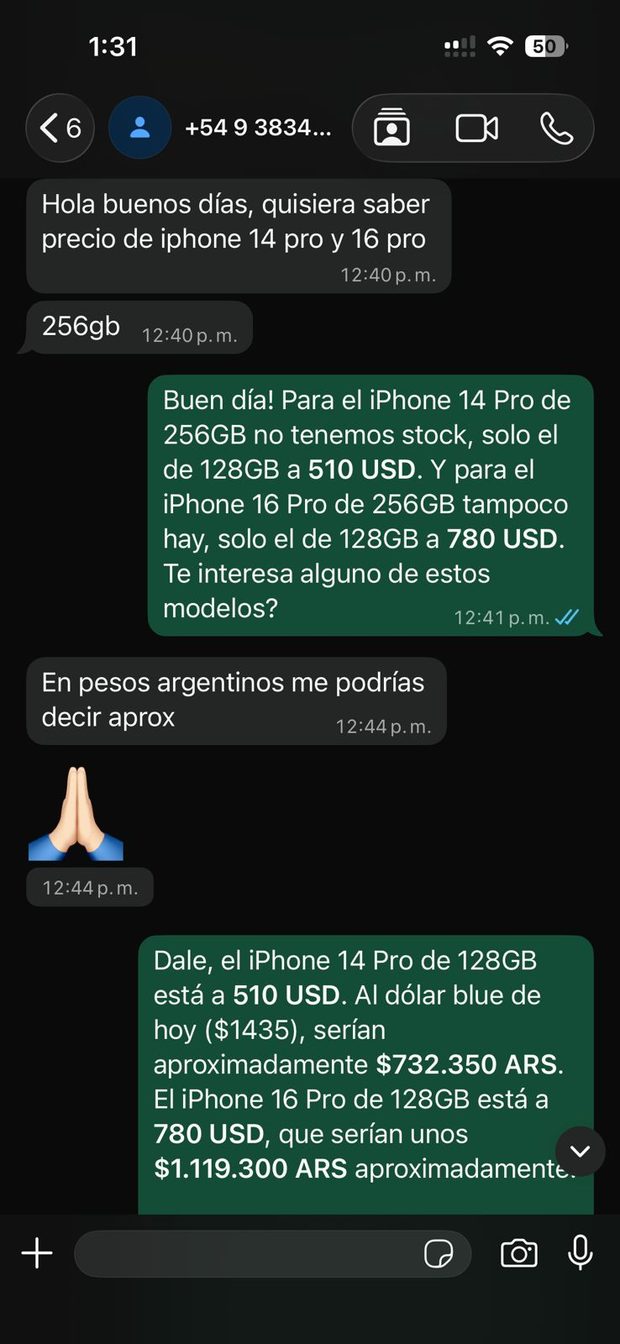 Conversación real: consulta de precio de iPhone 14 Pro y 16 Pro